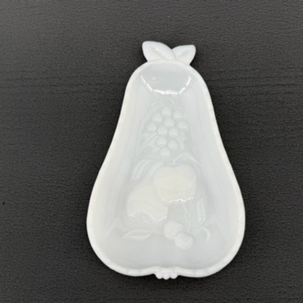 Vintage White Milk Glass Pear Shaped Trinket Dish Embossed Fruit Floral 8.5 Inch